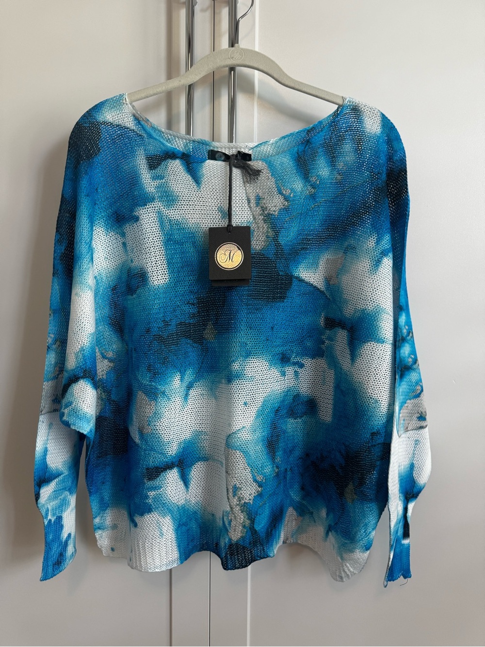 M Italy Blue Abstract Print Women's Sweater - Lightweight Knit medium